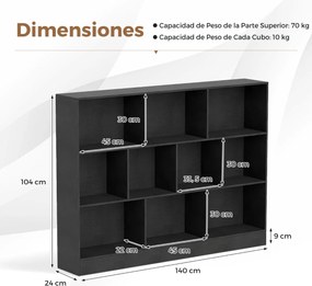 Estante com 10 cubos com armazenamento 140 x 24 x 104 cm com 3 níveis para sala de estar Quarto Preto