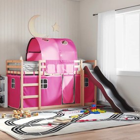 vidaXL Beliche com escorrega e cortinas 90x200 cm rosa