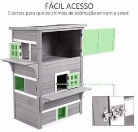 PawHut Casa para Gatos de Madeira Exterior Casa Grande para Gatos de 3 Andares com Múltiplas Entradas Janelas e 2 Plataformas para Terraço Balcão Jardim 98x68,5x122cm Cinza