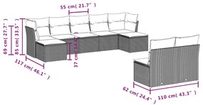 9 pcs conjunto sofás p/ jardim com almofadões vime PE cinzento