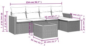 6 pcs conjunto sofás de jardim c/ almofadões vime PE preto
