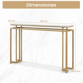 Mesa consola moderna com tampo de mármore artificial e estrutura metálica geométrica para hall de entrada e corredor 30 x 120 x 80,5 cm Dourado