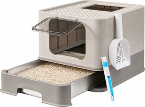 Caixa de areia gatos com gaveta, caixa de areia em aço inoxidável 54,3 x 42,5 x 37,8 cm, 2 entradas Cinzento