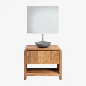 Conjunto De Móvel De Casa De Banho Em Madeira Vacry Castanho Acácia & Cimento Cinzento Redondo Ø40 Cm Tarsis & Led Retangular E Anti-embaciamento 80x7