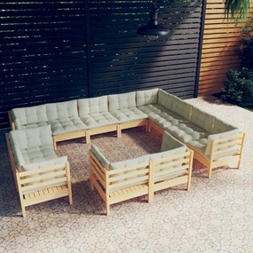 vidaXL 12 pcs conjunto lounge jardim c/ almofadões creme pinho maciço