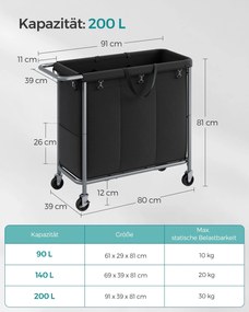 Cesto para roupa suja 3 compartimentos 200 litros com Rodas e pega Preto