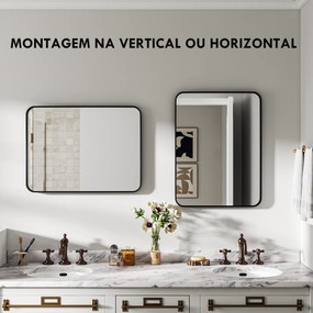 Espelho Casa de Banho 60x80 cm Espelho de Parede com Estrutura de Metal Vertical e Horizontal para Entrada Preto