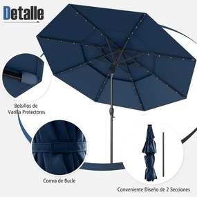 Guarda-sol Jardim de 313 cm com 32 luzes LED Teto ventilado de 3 níveis Ajuste de inclinação Azul Marinho
