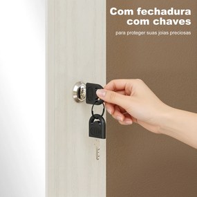 Espelho de Joias com Luz LED, Armário Montado na Parede ou Porta com Fechadura e Espelho Branco de Corpo Inteiro