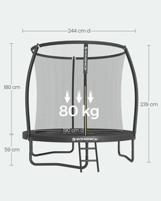 Trampolim de 244 cm de diâmetro com rede de segurança e varas curvas, preto