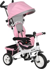 HOMCOM Triciclo Evolutivo Bebés +12 Meses 2 em 1 Toldo Dobrável Guiador Ajustável Cinto Segurança Cesto Grande 95x50x106 cm Rosa | Aosom Portugal