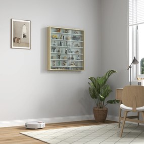 Vitrine para coleção, vitrine de parede, 80 x 9,5 x 83 cm, 6 prateleiras com altura ajustável, 2 portas de correr em vidro branco, e cor carvalho