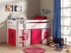 Conjunto Cama alta de Criança PINO 90 x 200 cm + estrado + escada + cortina Flores Branca