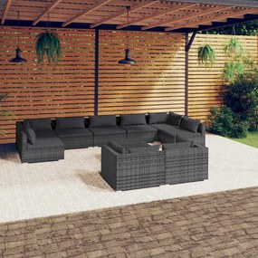 vidaXL 10 pcs conjunto lounge de jardim c/ almofadões vime PE cinzento
