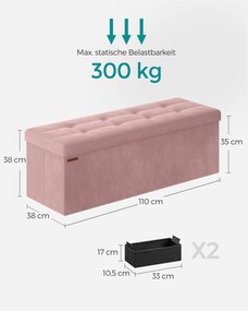 Banco entrada ou quarto arrumação de assento rebatível, carregável até 300 kg 38 x 110 x 38 cm cor-de-rosa pastel