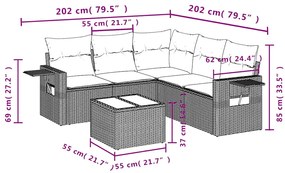 6 pcs conj. sofás jardim com almofadões vime PE cinzento-claro