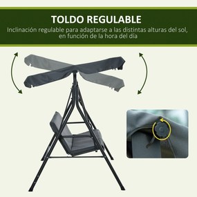 Outsunny Baloiço de Jardim de 3 Lugares com Almofada Toldo Ajustável e Estrutura de Metal para Balcão Terraço Patio Carga Máx. 200kg 172x110x153cm Cinza