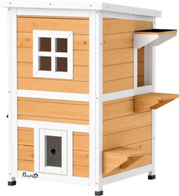 Casa de Madeira para Gatos de Exterior 2 Níveis com 3 Portas e Janela Amarela