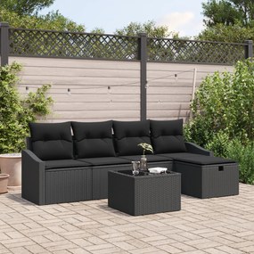 Conjunto de Sofá de Jardim de 6 Peças com Almofadas Preto Rattan Polié