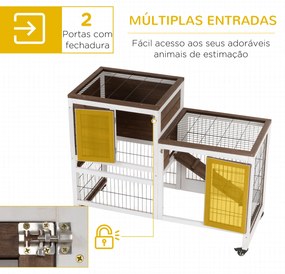 Coelheira de Madeira Interior com Rodas Gaiola para Coelhos Animais Pequenos de 2 Pisos com Área Aberta Rampa e 2 Bandejas Removíveis 110x50x86cm Marr