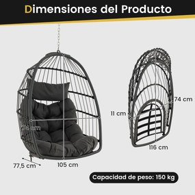 Cadeira suspensa em forma de ovo com almofada para a cabeça, almofada para o assento, cesto de vime, design dobrável, carga máxima 150 kg, 77,5 x 74 x