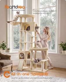 Grande arranhador para gatos 105 x 45 x 202 cm, com 6 áreas de descanso e troncos de sisal em bege