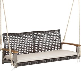 Baloiço de varanda em vime de 2 lugares com almofada de assento Apoio de braço em madeira de acácia 2 cordas 131 x 68 x 54 cm Castanho + Branco