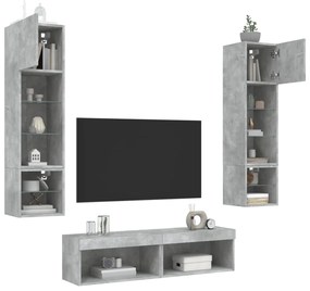 6 pcs móveis parede p/ TV c/ LEDs deriv. madeira cinza cimento