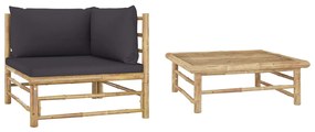 vidaXL 2 pcs conj. lounge jardim em bambu c/ almofadões cinza-escuro