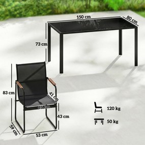 Conjunto de sala de jantar de jardim de 7 peças para 6 pessoas, mesa de vidro e cadeiras com braços decorativos, malha resistente às intempéries, pret