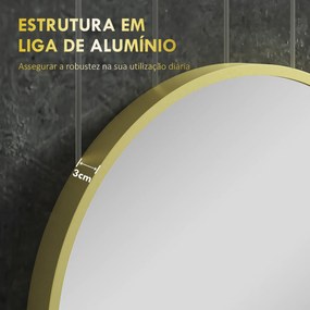 Espelho Casa de Banho Redondo Ø60 cm Espelho de Parede com Estrutura de Alumínio e Gancho para Sala Entrada Corredor Dourado