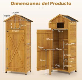 Abrigo, armario de jardim em madeira 76 x 51,5 x 178 cm com porta com fechadura, prateleiras removíveis, mesa lateral dobrável, telhado em asfalto Cas