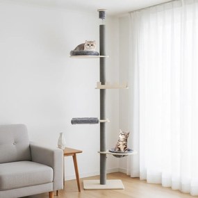 Árvore para gatos de 5 níveis, do chão ao teto, torre ajustável em madeira de 236-271 cm com cama em forma de cesta e postes para arranhar cinza