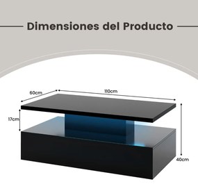 Mesa de centro LED de 2 níveis com cores de luz ajustáveis em formato retangular contemporâneo para sala de estar 110 x 60 x 40 cm Preto