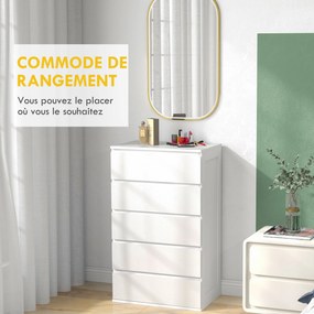Cómoda com 5 gavetas, móvel de arrumação sem puxadores, design minimalista, 60 x 39 x 100 cm, branco