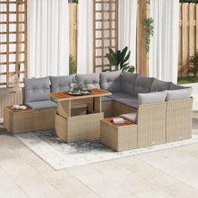Conjunto de Jantar de Jardim com 9 Peças e Almofadas Bege em Rattan Po