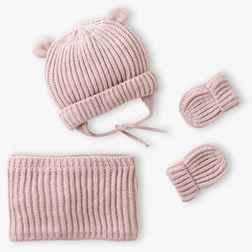 Conjunto gorro, gola snood e luvas, para bebé  rosa-pálido