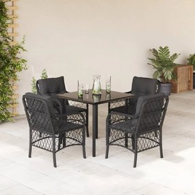 5 pcs conjunto de jantar p/ jardim c/ almofadões vime PE preto