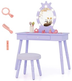 Conjunto de Toucador infantil com espelho iluminado e cadeira de princesa com brilho ajustável Gaveta e banquinho acolchoado roxo