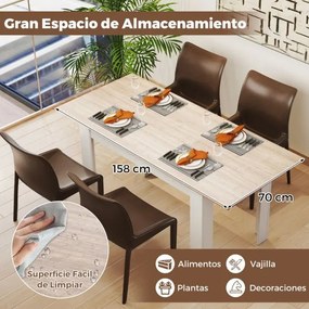 Mesa de jantar extensível moderna 158 x 70 x 76 cm (BANCOS NÃO INCLUIDOS) com pernas em L e superfície ajustável  110 kg  Branca e natural