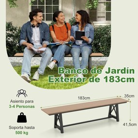 Banco jardim em PEAD para 3-4 pessoas com estrutura metálica 183 x 35 x 41,5 cm Estrutura metálica, capacidade para 500 KG Castanho