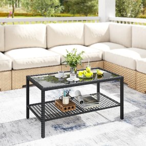 Mesa de Centro de Jardim em Ratã com Prateleira e Tampo de Vidro Temperado Estrutura de Aço 92x50x45 cm Preto
