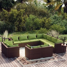 vidaXL 11 pcs conjunto lounge de jardim c/ almofadões vime PE castanho