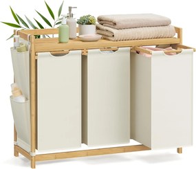 SONGMICS Cesto de roupa suja com 3 compartimentos, cesto de roupa suja, suporta até 150 L, separador de roupa suja, com prateleira, saco de roupa suja, bolsos laterais, 3 x 50 L, 94 x 33 x 78 cm, creme branco RLH115W01
