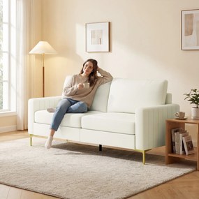 Sofá de 3 Lugares de 181 cm Estofado em Veludo com Almofadas Espessas Pernas de Metal Branco Creme