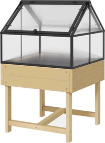 Mini-estufa com pés, dimensões: 60L x 57l x 103H cm, com teto duplo que se abre; painéis de policarbonato, aço e madeira de abeto tratada