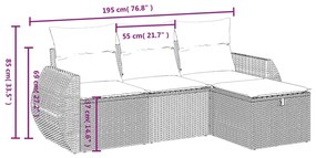 4 pcs conjunto sofás de jardim c/ almofadões vime PE castanho