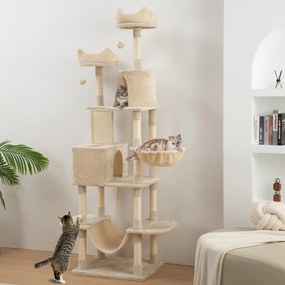 Arranhador para Gatos Grande Altura 173 cm Torre para Gatos com Plataformas Caverna Bolas Suspensa e Rede Bege