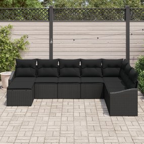 Conjunto de Jantar de 8 Peças com Almofadas Preto Rattan Sintético