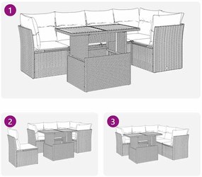 6 pcs conjunto sofás de jardim com almofadões vime cinzento
